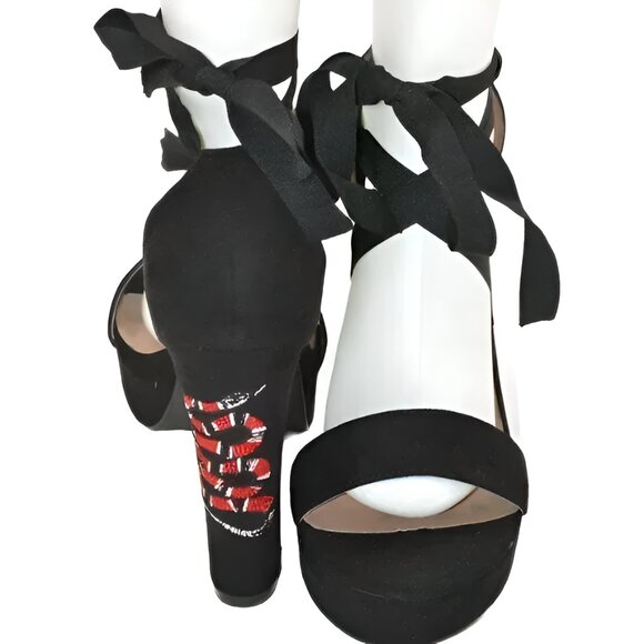 Black Red Python Snake Goth Femme Mod Drag Strappy Halloween Platform Heels 12 W - Picture 5 of 7